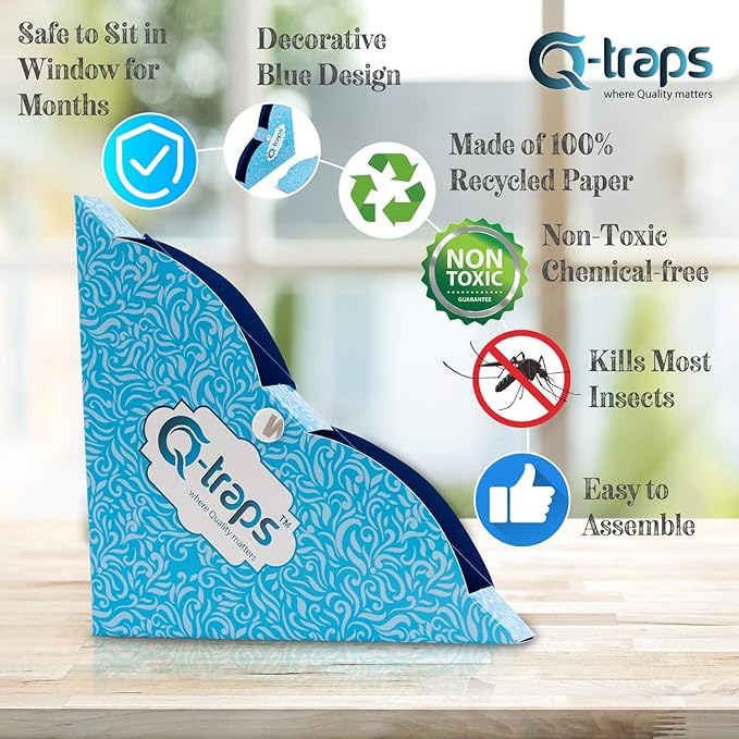 Qtraps Window Fly Traps | Disposable Indoor Fly Catchers w/Non-Toxic Sticky Glue & Decorative Blue Design | Fold Box & Place in Corner of Sill to Catch & Hide Flying Pests