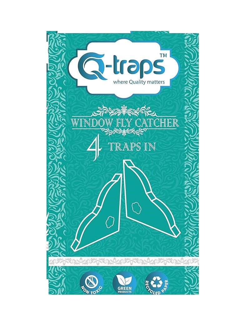 Qtraps Window Fly Traps | Disposable Indoor Fly Catchers w/Non-Toxic Sticky Glue & Decorative Blue Design | Fold Box & Place in Corner of Sill to Catch & Hide Flying Pests